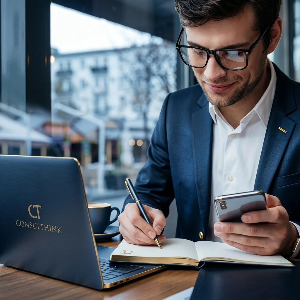 Consultor de CONSULTHINK tomando notas junto a su portátil durante una reunión de trabajo